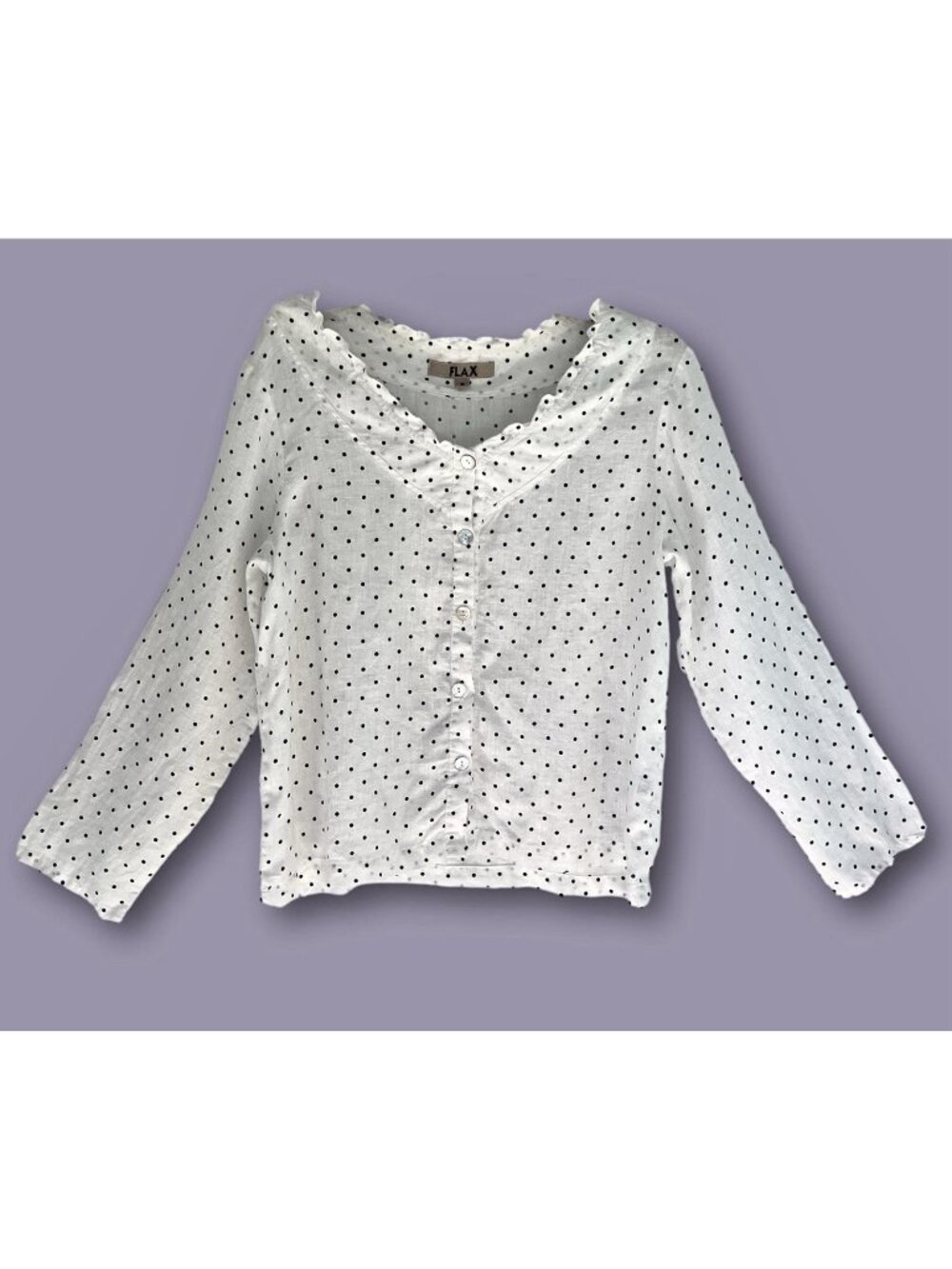 FLAX Linen Cream Button-Front Polka Dot Ruffle Neck Blouse